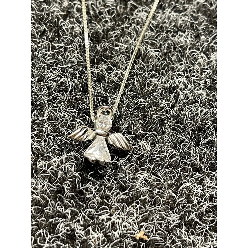 925 Sterling Silver Angel Pendant Necklace Cubic Zirconia 18 Inch Box Chain - Picture 2 of 7